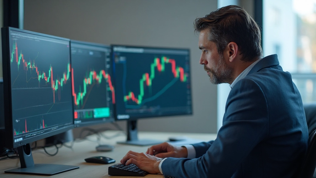 Professioneller Trader analysiert Aktienmarktdiagramme auf mehreren Monitoren in modernem Handelsgeschäft