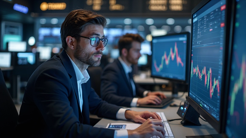 Stock exchange trading floor with multiple traders monitoring real-time market data displays