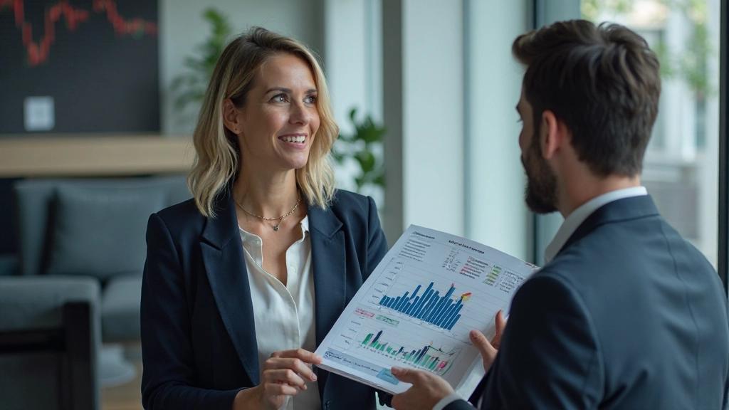 Finanzberaterin erklärt Aktienmarkt-Grundlagen mit Charts am Schreibtisch