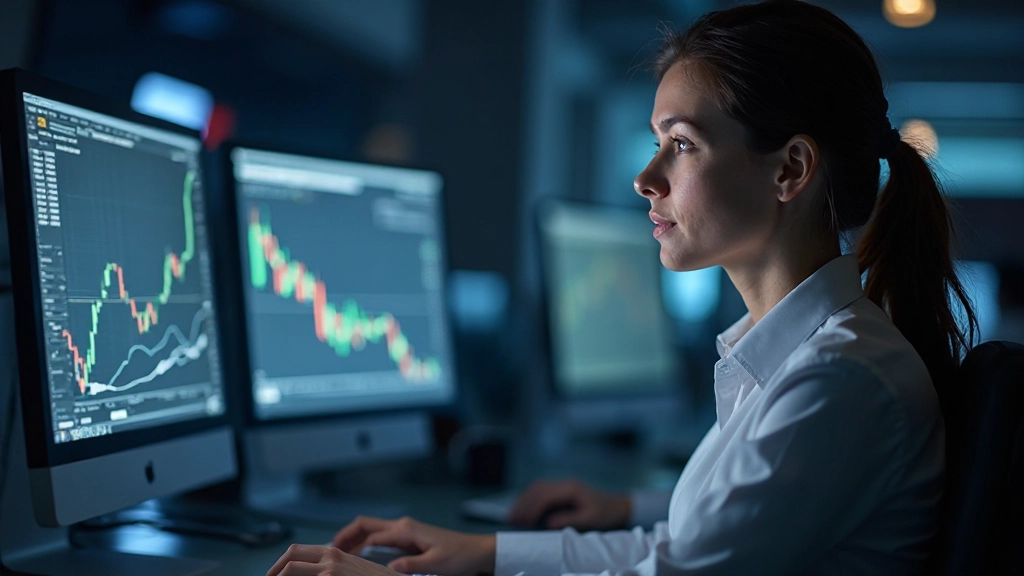 Trader überwacht Echtzeit-Marktdaten mit mehreren Monitoren auf dem Handelsfloor