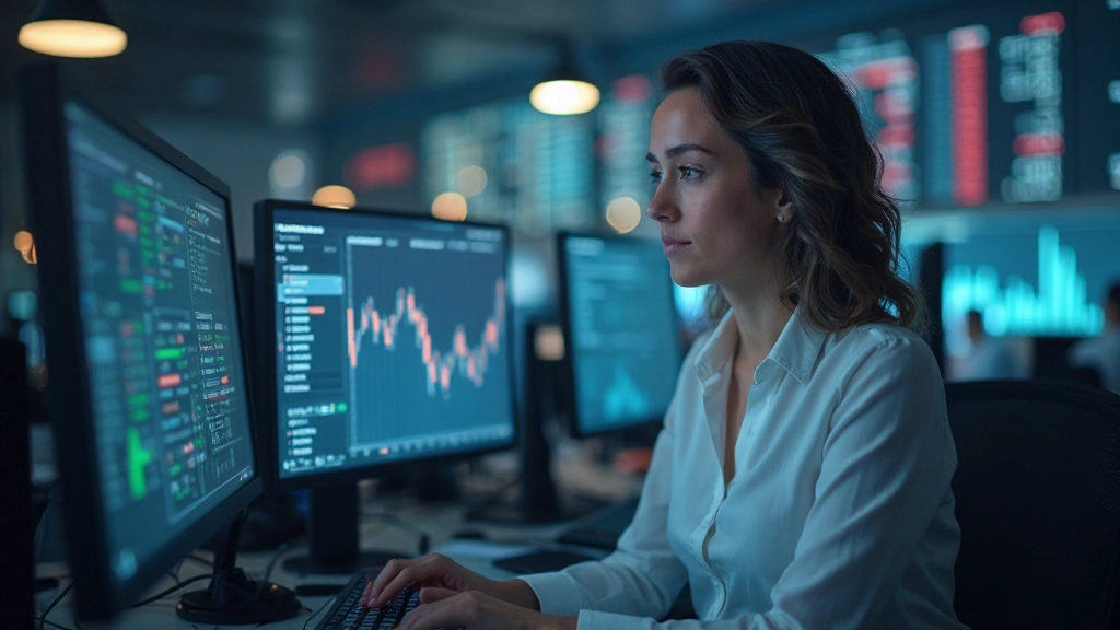 Börsenmaklerin arbeitet an professioneller Handelsstation