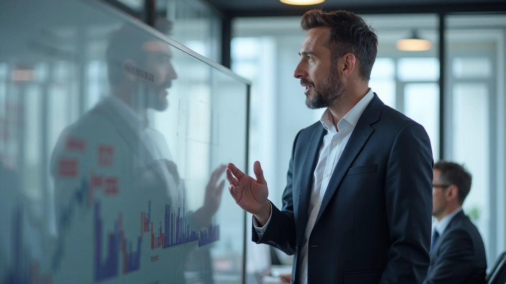 Finanzfachmann zeigt Anleihen-Kurven und Renditegrafiken auf Whiteboard in Konferenzraum