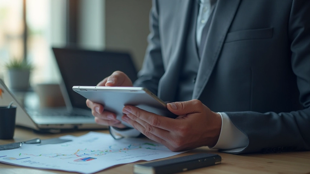 Professionelle Finanzberatung auf digitalem Tablet mit Aktiencharts und Vermögensportfolio