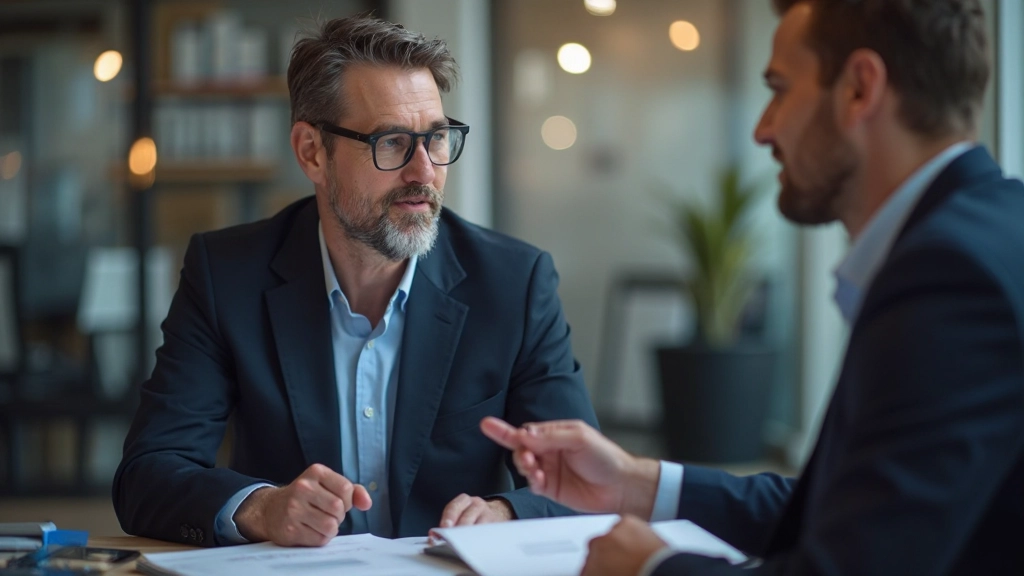 Finanzberater erklärt Aktienmarktprinzipien mit Diagrammen an modernem Arbeitsplatz