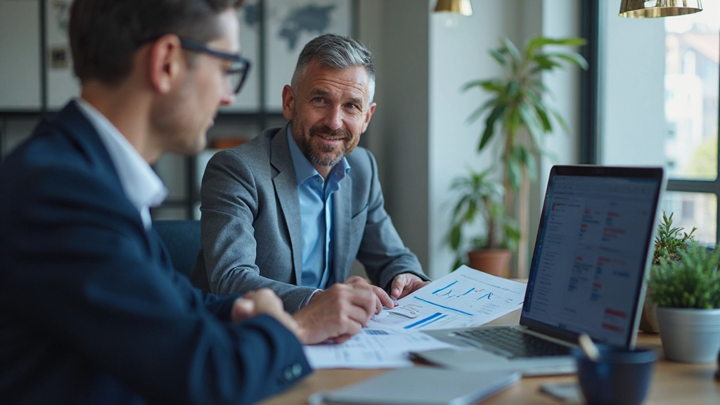 Professionelles Finanzberatungsgespräch mit Vermögensaufbau-Charts und Dokumenten