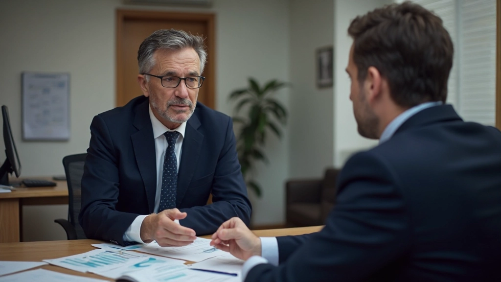 Finanzberater berät Kunde bei der Broker-Wahl am Schreibtisch