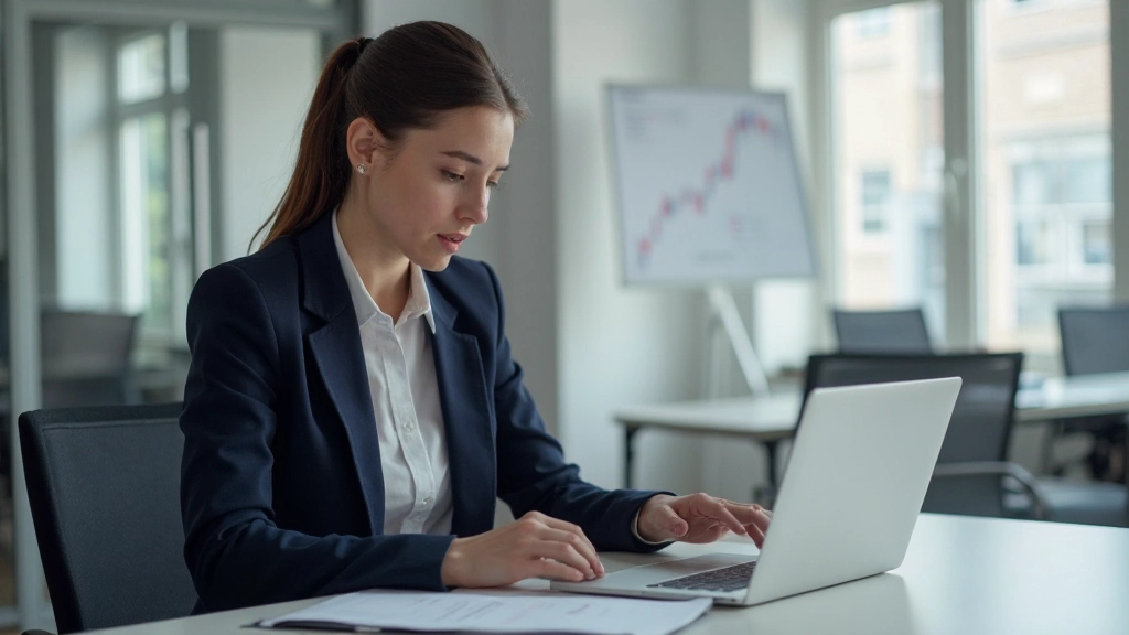 Professionelle Finanzberaterin mit Anleiheanalysen am Schreibtisch