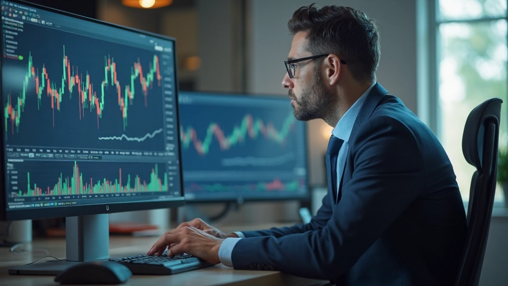 Finanzanalyst bei der Analyse von Aktiencharts und Marktdaten an modernem Arbeitsplatz