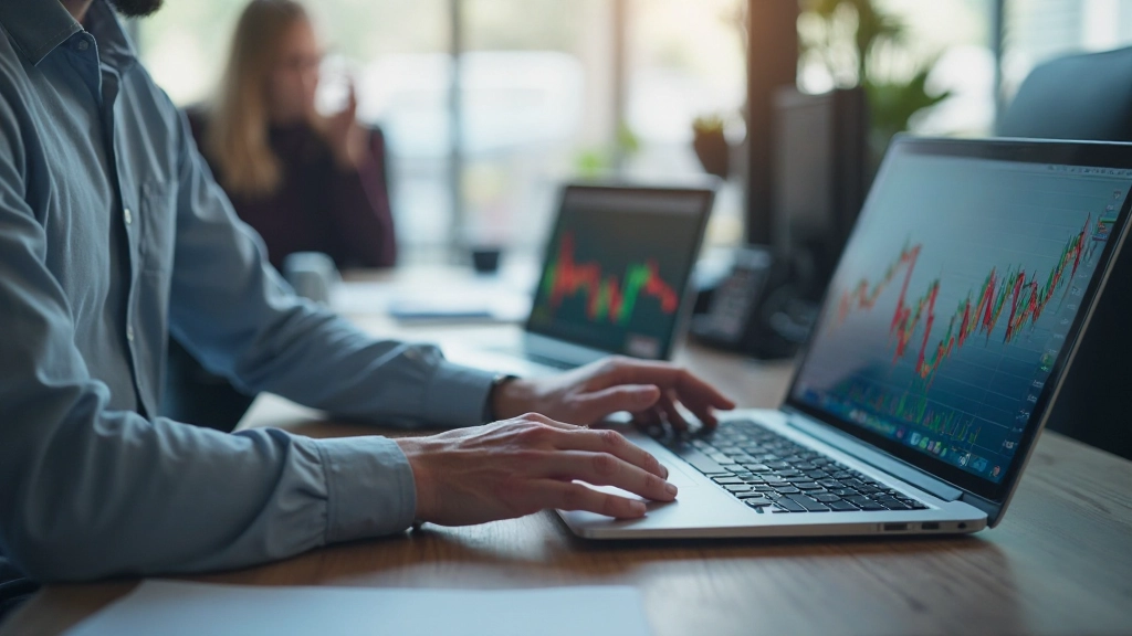 Professionelles Bild eines Finanzanalysten bei der Überprüfung von Marktdiagrammen auf einem Laptop in modernem Büro