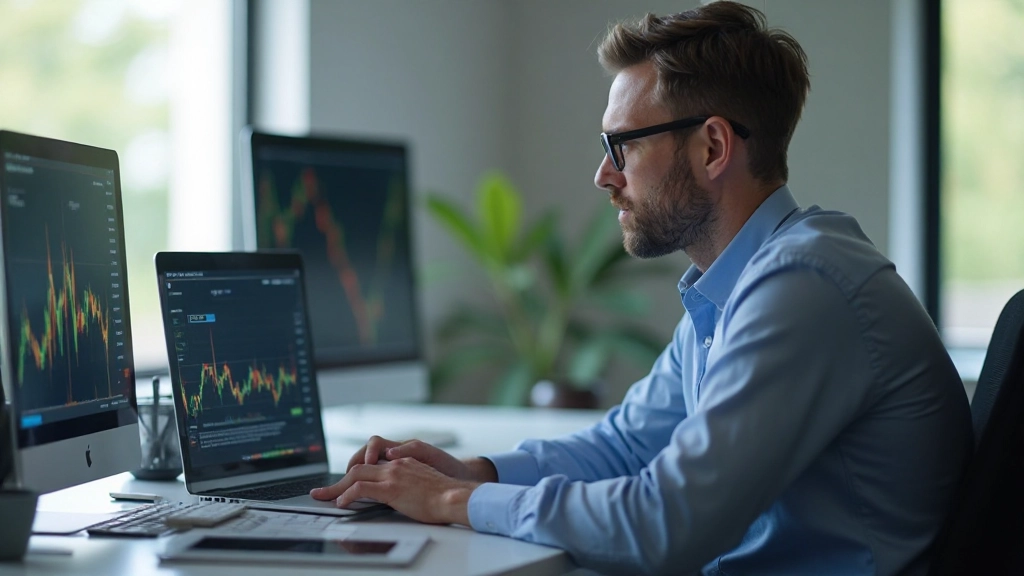 Finanzanalyst überprüft Momentum-Indikatoren auf Laptop-Display mit mehreren Diagrammen