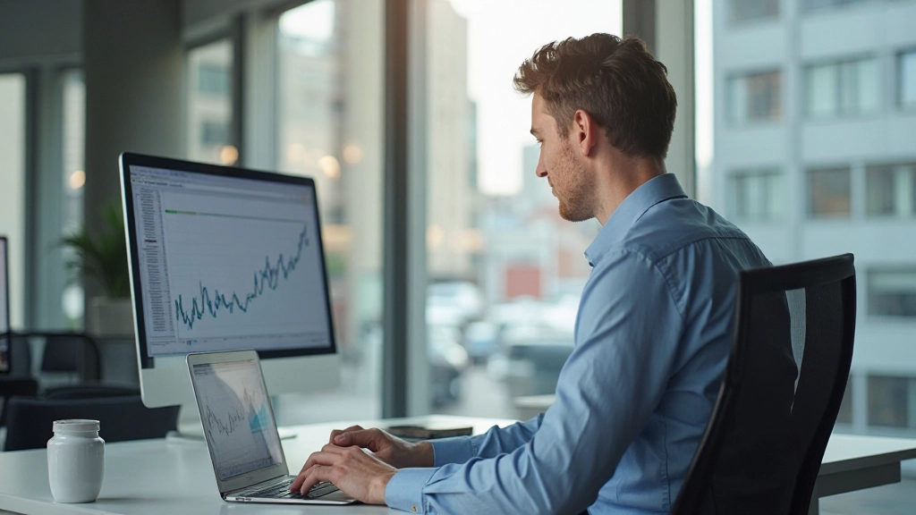 Finanzanalyst arbeitet am Laptop mit Börsendiagrammen und Wachstumscharts