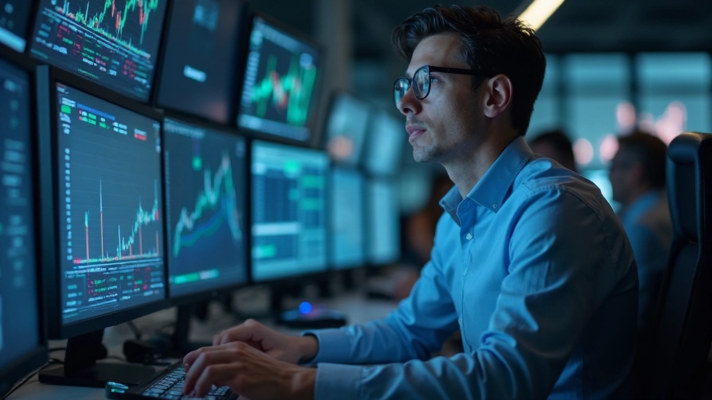 Finanzfachmann analysiert Handelsabwicklungsdaten auf Computersystem