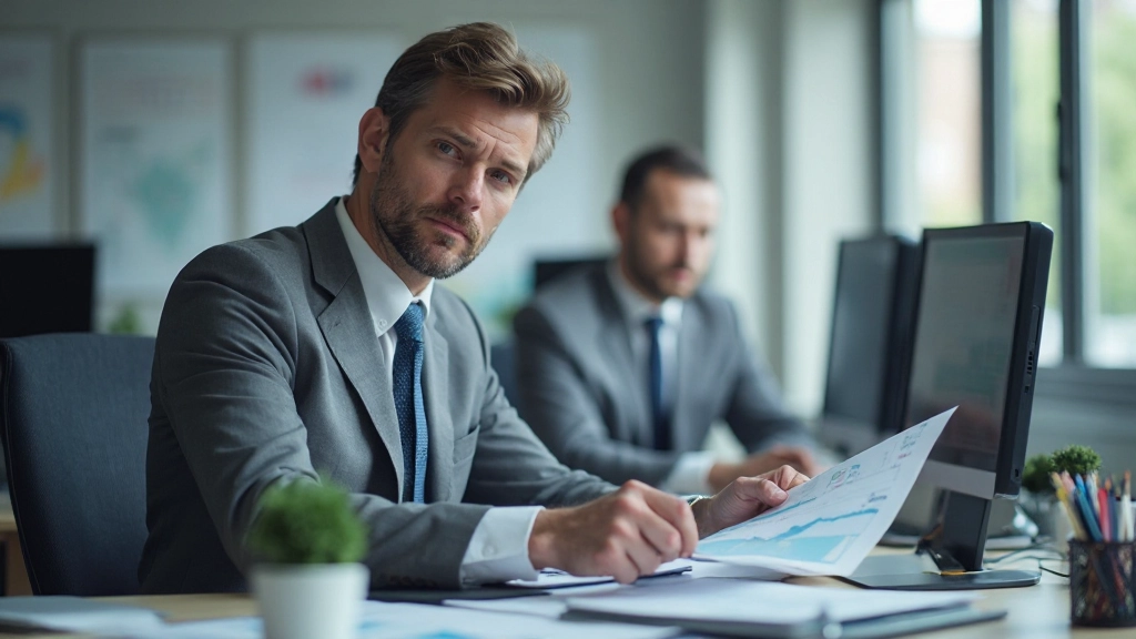 Finanzanalyst bei der Überprüfung von Unternehmensberichten und Finanzdiagrammen am Schreibtisch