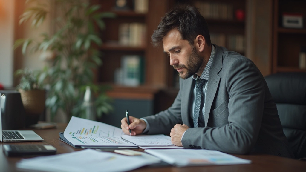 Finanzanalyst mit Dokumenten und Berechnungen zu festverzinslichen Wertpapieren und Anleihen