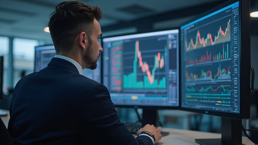 Professionelle Darstellung eines Finanzanalysten, der Aktienmarktdaten auf mehreren Monitoren analysiert