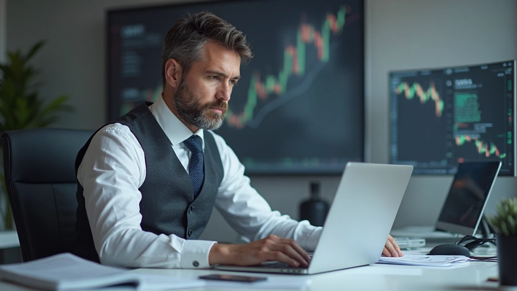 Finanzanalyst arbeitet mit Investmentdaten und Marktindikatoren in professionellem Büro