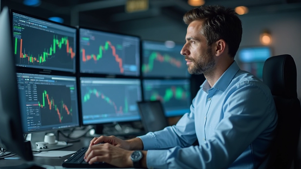 Devisenhändler überwacht Forex-Marktdaten auf mehreren Handelsmonitoren