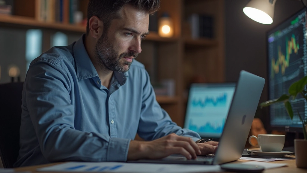 Investor bei der Analyse von Unternehmensfinanzdaten und Grafiken auf mehreren Monitoren