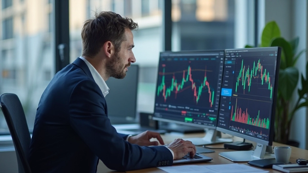 Finanzanalyst überprüft Marktzyklen auf mehreren Monitoren in modernem Büro