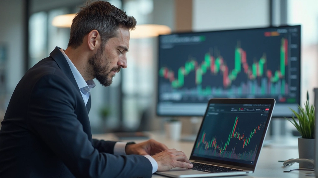 Börsenanalyst mit Aktiendiagrammen und Marktdaten auf dem Bildschirm