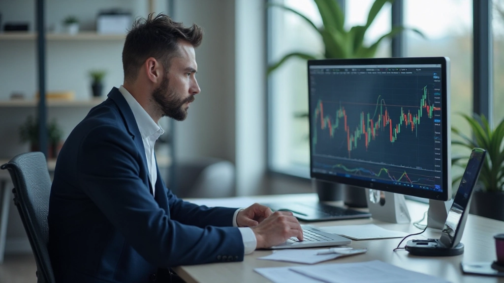 Finanzanalyst überprüft Portfolio-Schutzstrategien am Schreibtisch mit Grafiken und Diagrammen