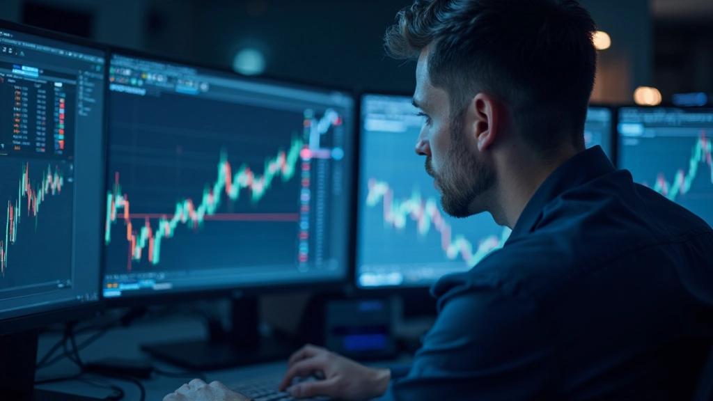 Professioneller Trader analysiert Risikometriken auf mehreren Monitoren mit Finanzcharts und Grafiken