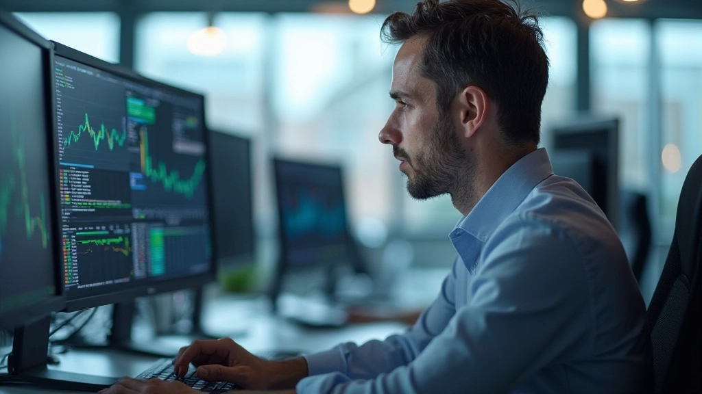 Trader überwacht Marktdaten auf mehreren Monitoren während Nachrichtenverkündung