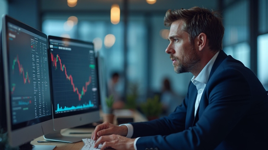 Professioneller Trader analysiert Aktienmarktdiagramme auf mehreren Monitoren in modernem Handelsgeschäft