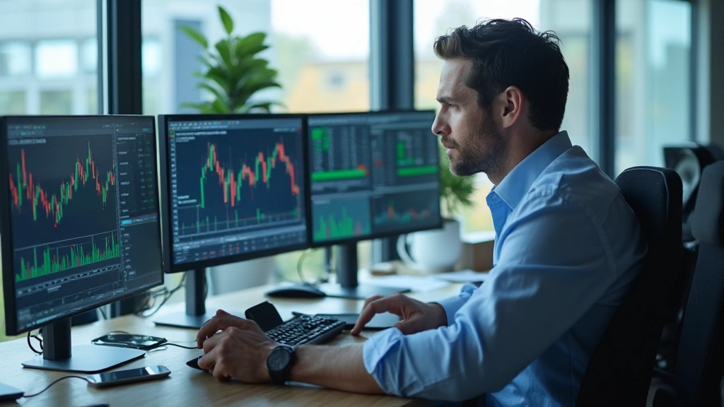 Professioneller Trader analysiert Diagramme und Handelsplan auf Computerbildschirm mit mehreren Monitoren