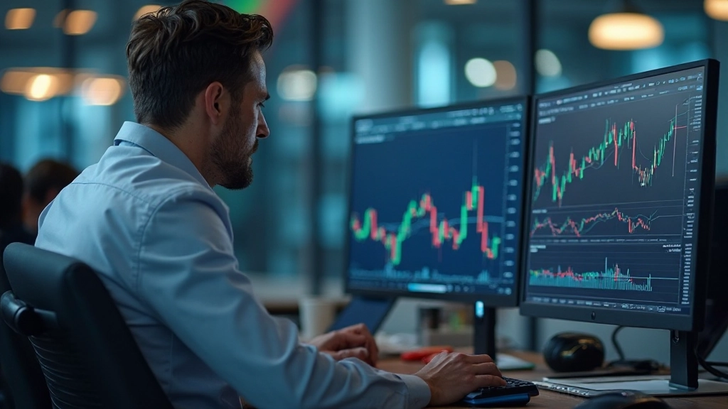 Professional trader analyzing stock market charts on multiple monitors in modern trading office