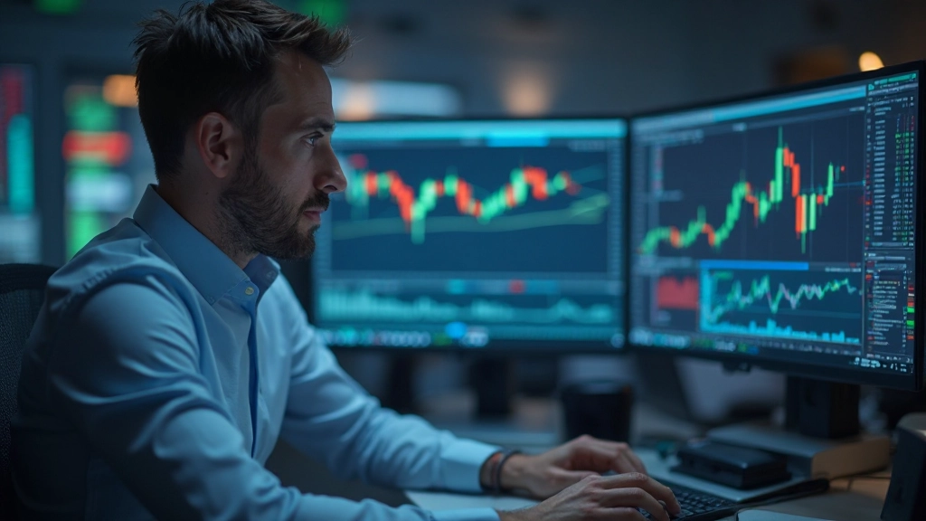 Professioneller Trader bei der Analyse von Echtzeit-Marktdiagrammen mit mehreren Monitoren im modernen Handelsraum