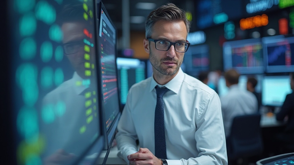 Börsenmakler arbeitet aktiv an Handelsplatz mit großen Anzeigetafeln und schnellem Handelsgeschehen