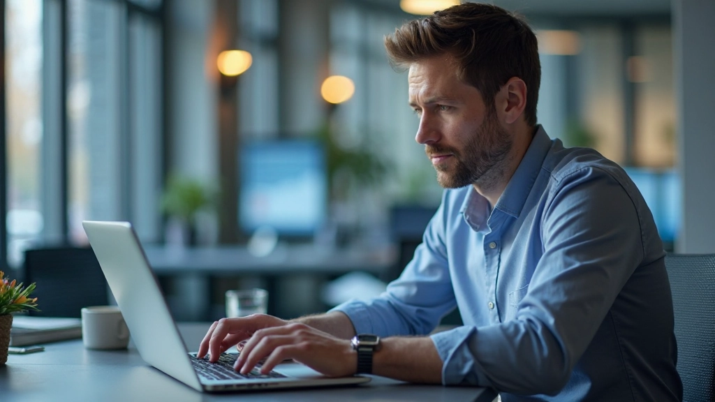 Professioneller Trader analysiert Charts am Laptop mit fokussiertem Ausdruck