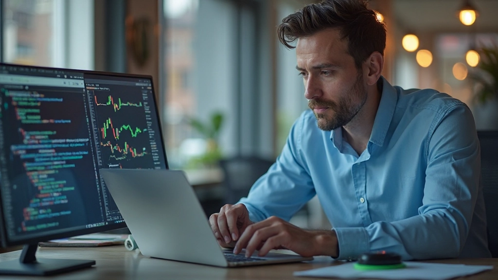 Finanzanalyst beim Überprüfen von Algorithmen und Handelsmetriken auf dem Laptop im modernen Büro