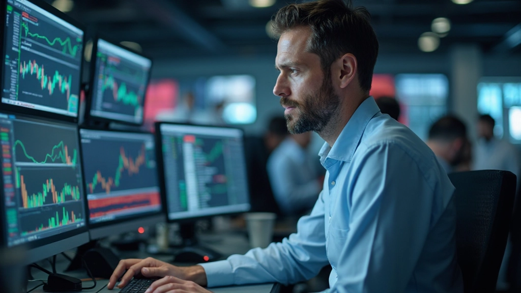 Professioneller Börsenmakler bei der Überwachung von Echtzeitmarktdaten auf fortschrittlichen Handelsplattformen
