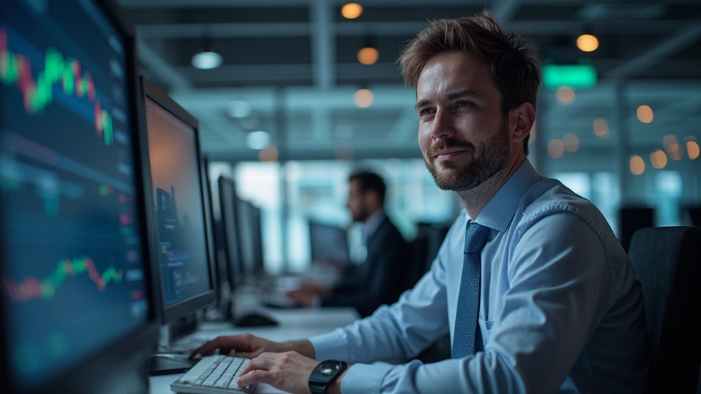 Börsenhandelsraum mit Echtzeitdaten auf großen Bildschirmen