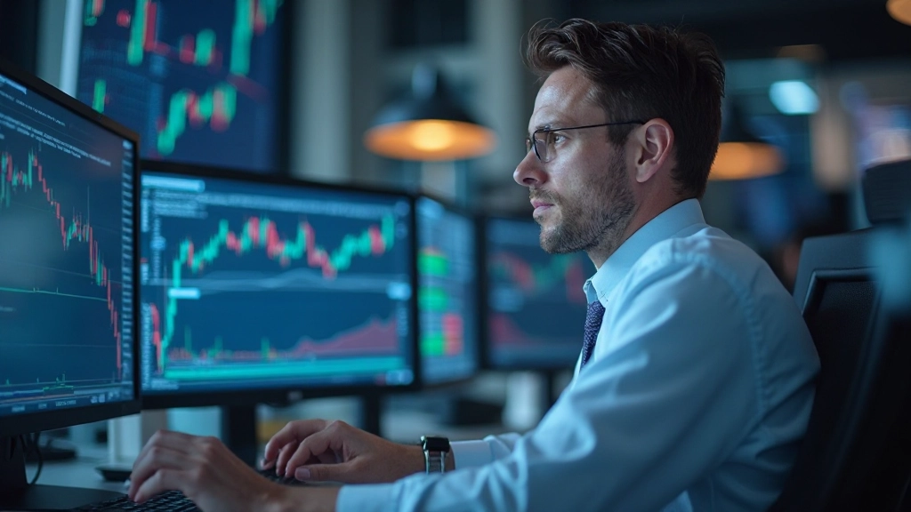 Börsenhändler beobachtet Aktienkurse auf mehreren Computermonitoren in professionellem Handelszentrum