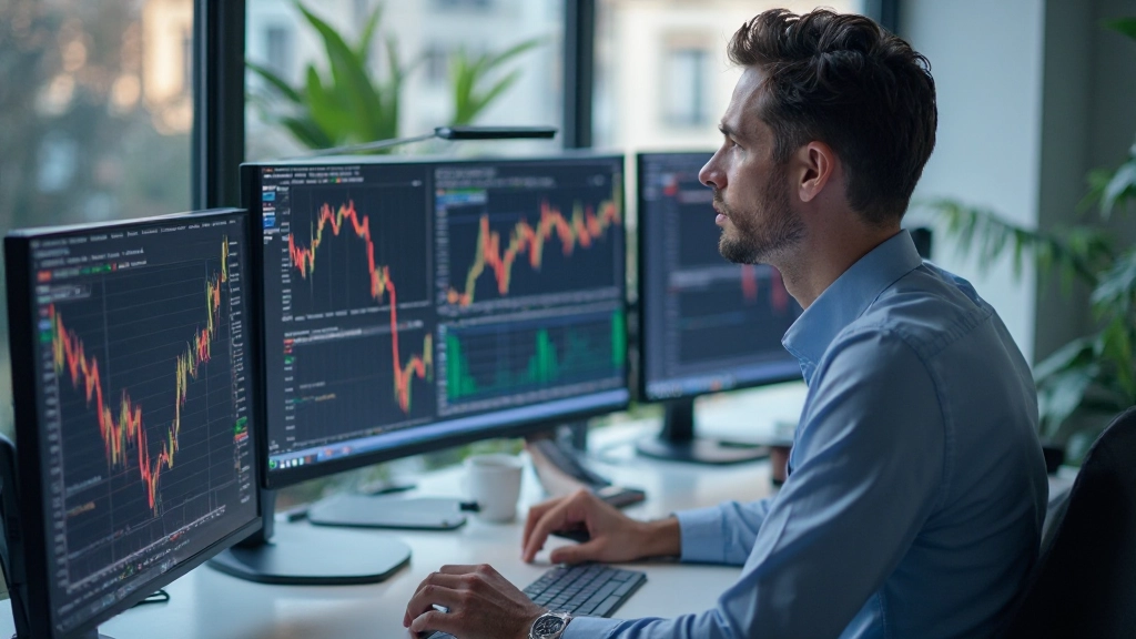 Professionelle Handelsstation mit Mehrfach-Monitoren und Analyse-Dashboard