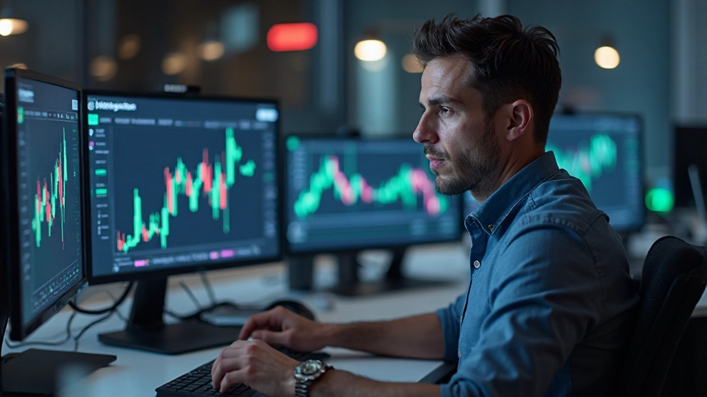 Finanzanalyst arbeitet mit Kryptowährungsdiagrammen auf mehreren Monitoren in moderner Trading-Station