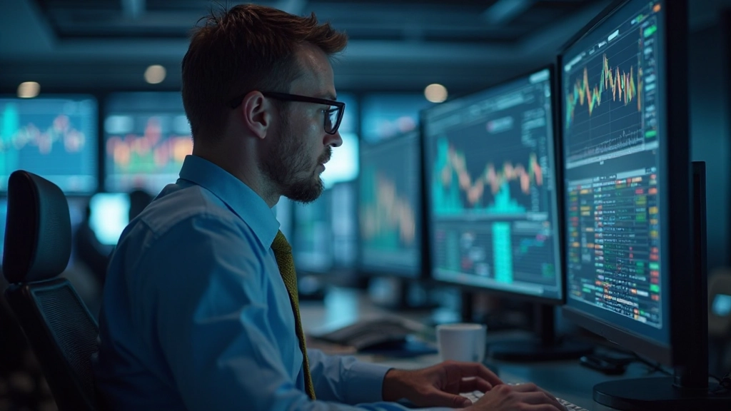 Moderne Börsensaal-Visualisierung mit elektronischen Handelsanzeigen und Finanzdiagrammen