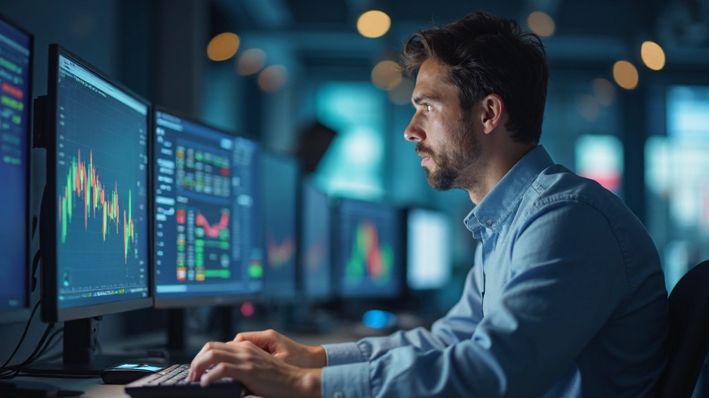 Börsenhändler arbeitet mit mehreren Computerbildschirmen