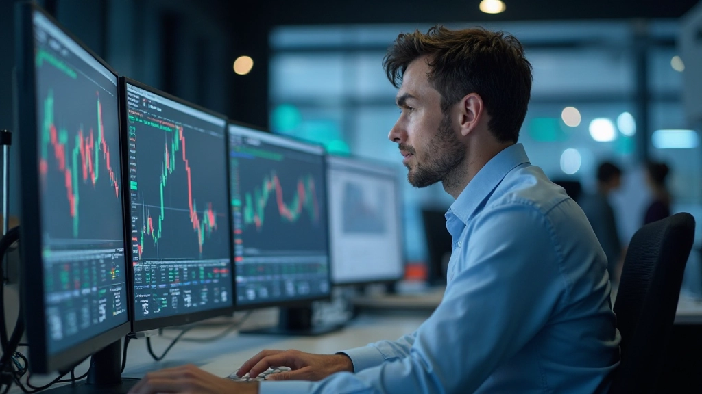 Moderne Börsenhandelszentrale mit mehreren Monitoren und Datenvisualisierungen