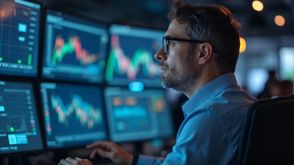 Trader überwacht Live-Börsendaten auf mehreren Monitoren mit Marktcharts