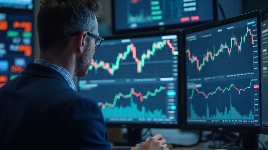 Finanzmarkts-Datenraum mit mehreren Monitoren zeigt Anleihenrenditen und Zinsdiagramme