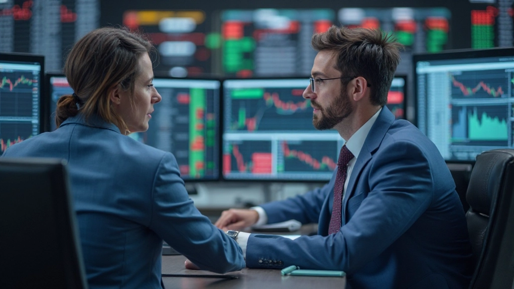 Makler und Trader beobachten Echtzeit-Börsendaten auf großem Handelsbildschirm