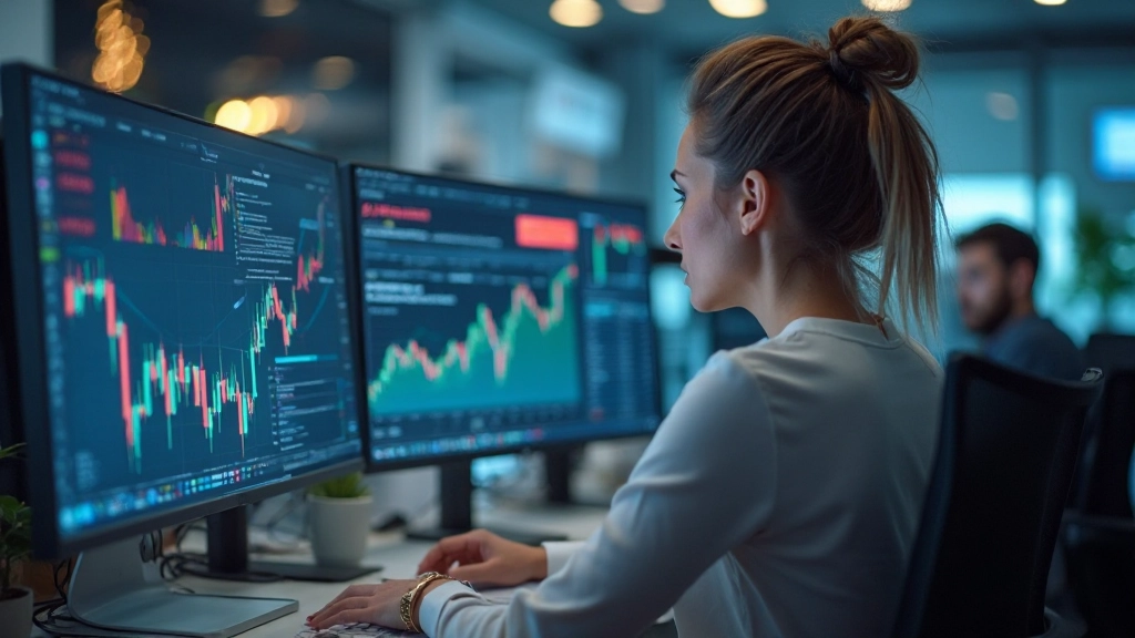 Grafische Darstellung von Aktiencharts und Finanzindikatoren auf einem Handelsbildschirm