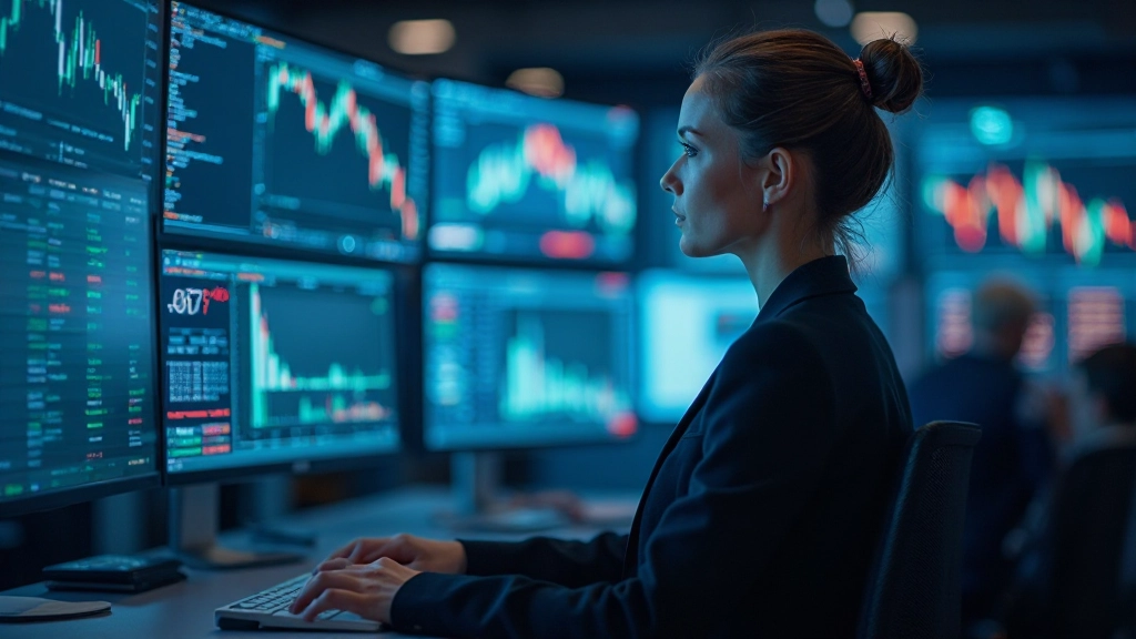 Professionelle Traderin an Computerarbeitsplatz mit mehreren Monitoren im modernen Finanzhandelszentrum